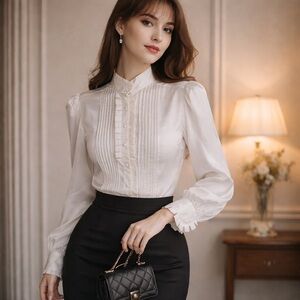 Vintage Lloyd Williams White Blouse Tuxedo Pleated  Ruffle Mock Neck Romantic